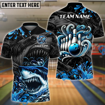 BlueJose Bowling And Pins Angry Shark Customized Name, Team Name 3D Shirt (4 Colors)