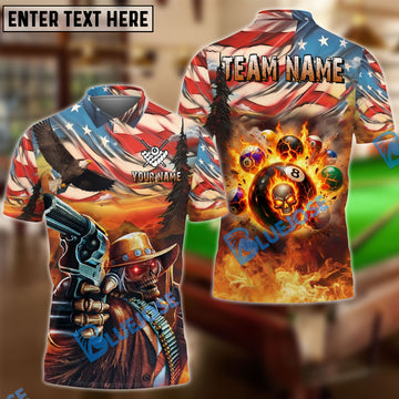 BlueJose Billiards Ball 8 American Flag Cowboy Shooter Flaming Customized Name, Team Name 3D Shirt