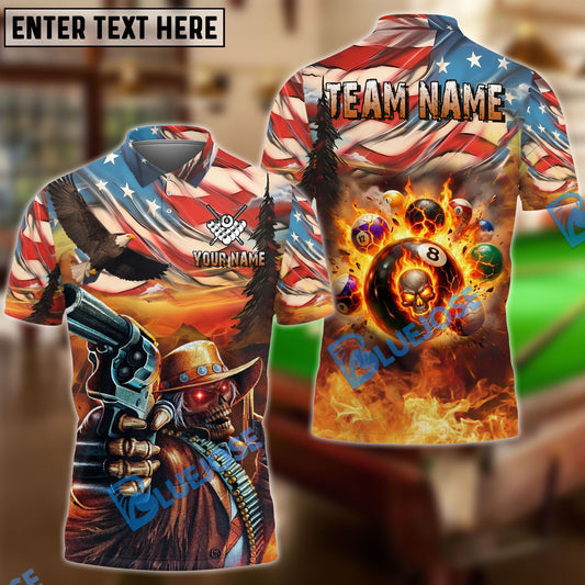 BlueJose Billiards Ball 8 American Flag Cowboy Shooter Flaming Customized Name, Team Name 3D Shirt