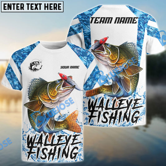 Bluejose Walleye Fishing Blue Camo White Pattern Sport Custom Name & Team Name 3D Shirts