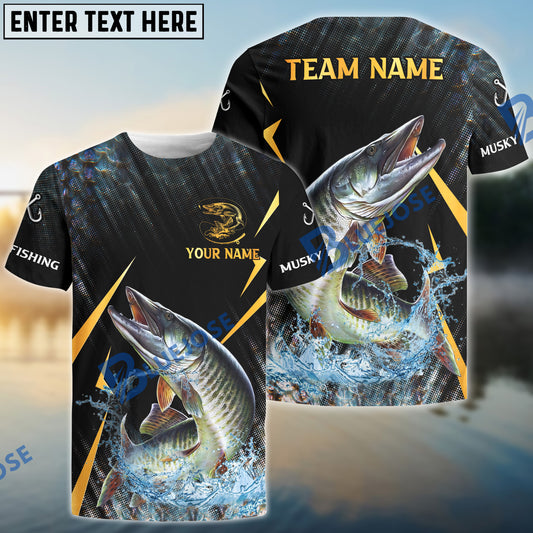 Bluejose Musky Fishing Golden With Skinfish Pattern Custom Name & Team Name 3D Shirts