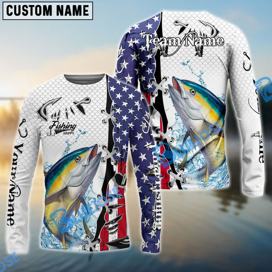 Bluejose Tuna Fishing American Flag Splash Custom Name & Team Name 3D Shirts