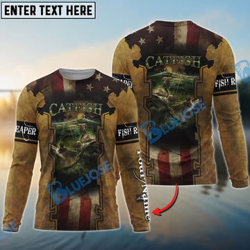 Bluejose Mens Flathead Catfish Fishing American Flag   Long Sleeves Shirt - Personalized Fishing Gifts