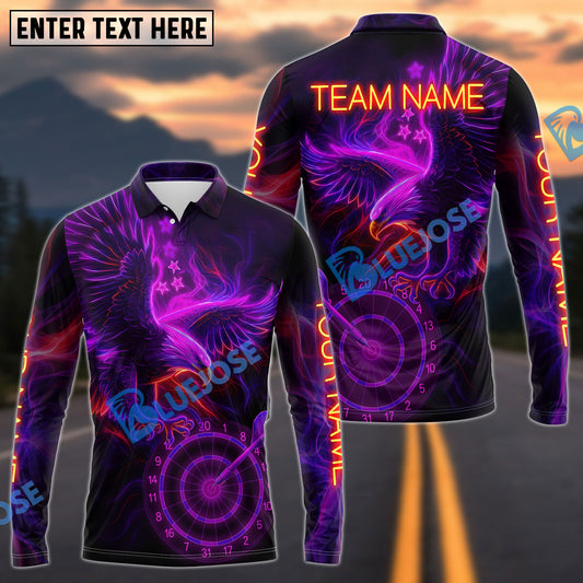 BlueJose Darts Eagle Neon Glow Personalized Name Long Sleeve Polo Shirt (4 Colors)