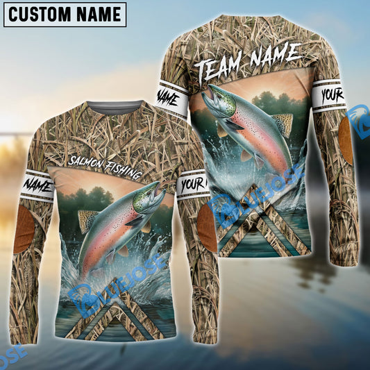 BlueJose Customize Name Salmon Fishing Elbow Patch Pattern 3D Shirts