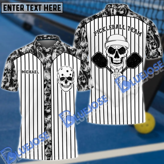 BlueJose Personalized Name, Team Name Skull Vertical Stripes Pickleball 3D Shirt