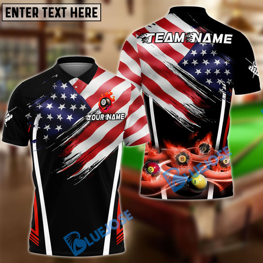 BlueJose Billiards 8-Ball USA Flag Flaming Pool Balls Graphic Customized Name, Team Name 3D Shirt (4 Colors)