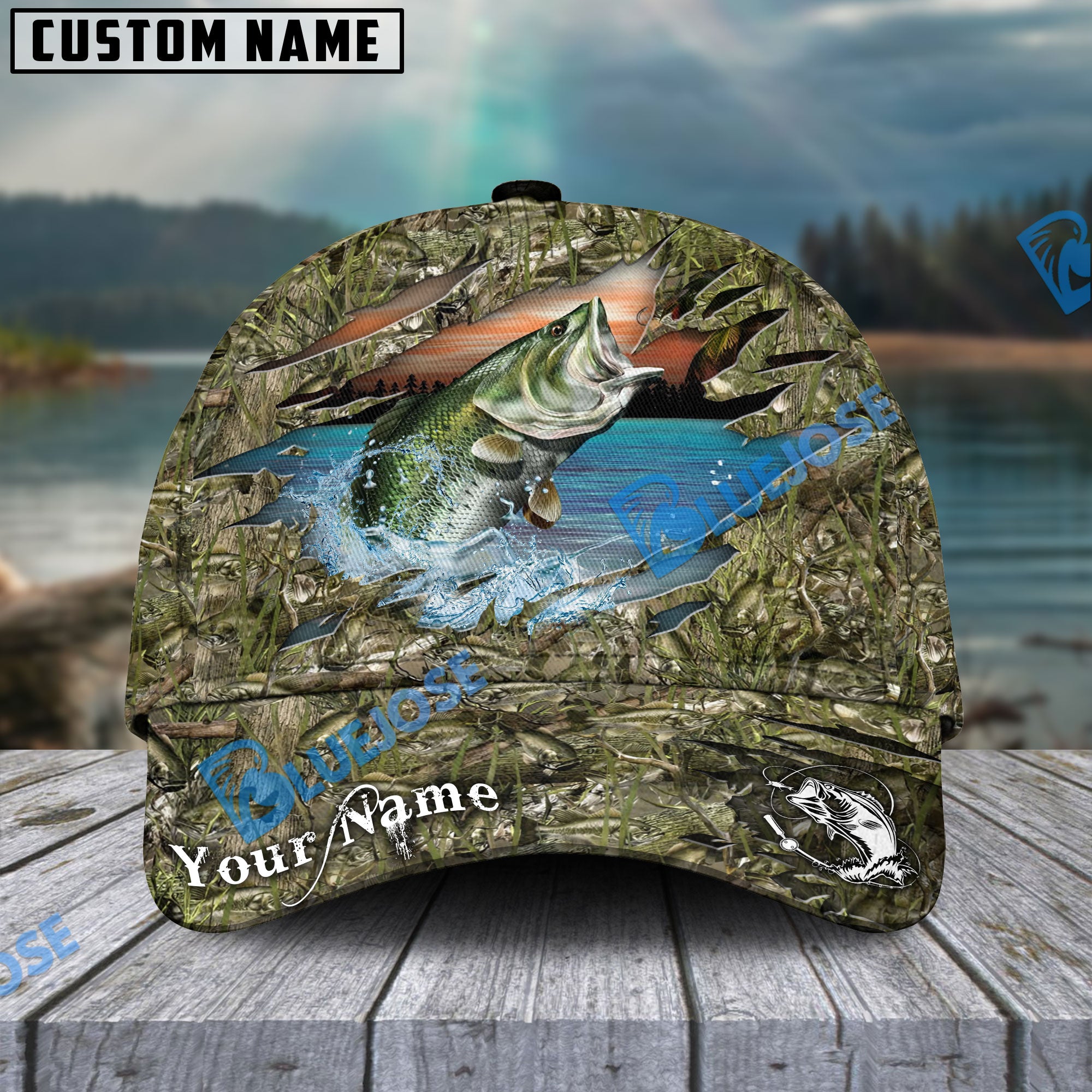 BlueJose Bass Fish Camouflage Fishing Personalized Cap – Blue Jose