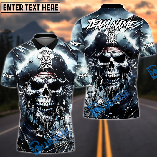BlueJose Darts Pirate Skull Storm Design Personalized Name, Team Name Unisex Shirt (4 Colors)