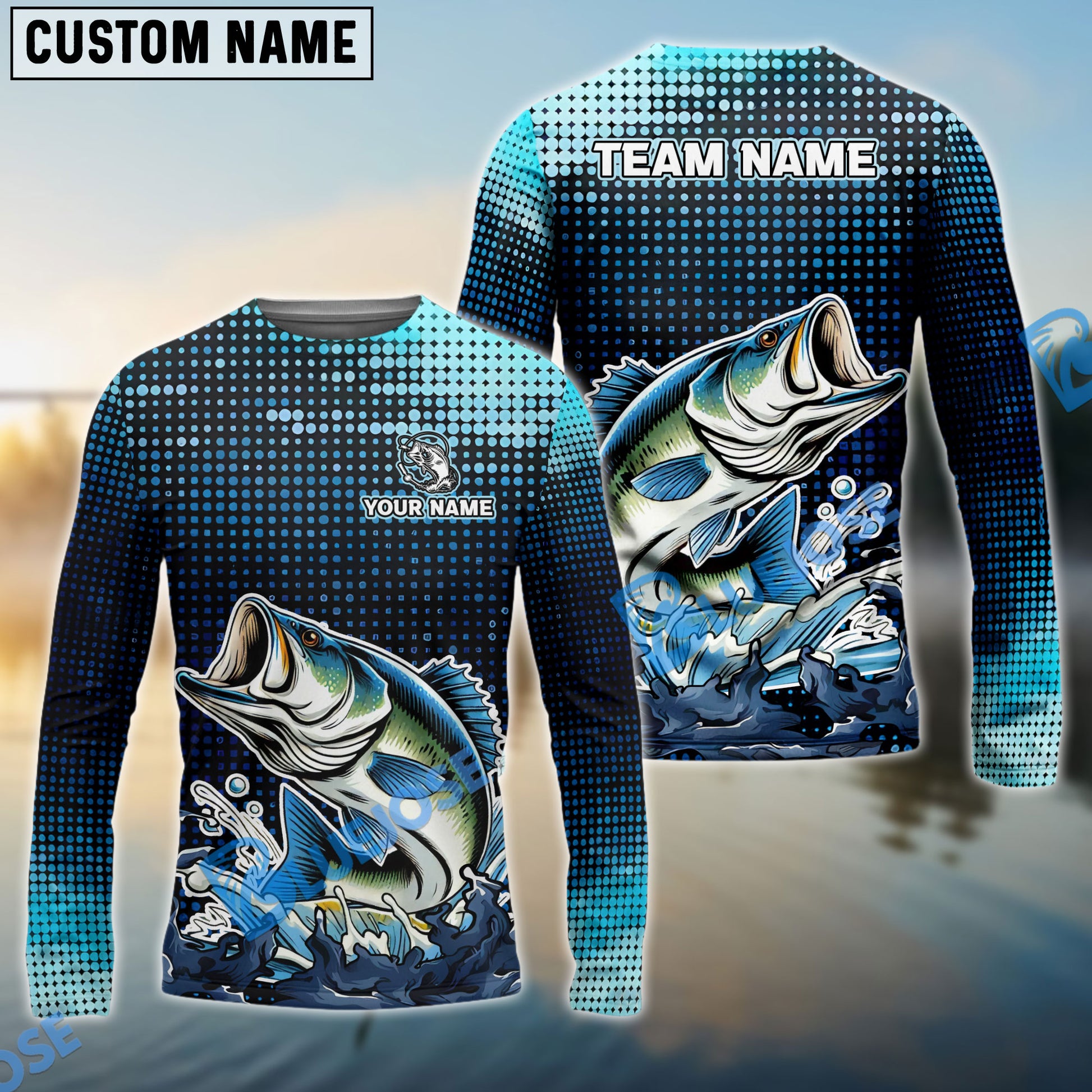 BlueJose Customize Name Bass Fishing Sky Blue Black Shirts – Blue Jose