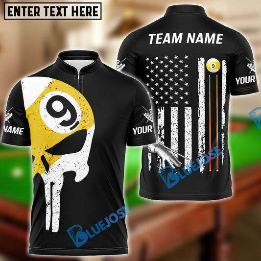 BlueJose Billiards Ball 9 Skull American Flag Customized Name, Team Name 3D Shirt