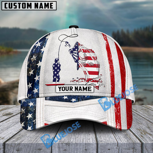 BlueJose Personalized Fish White USA Flag Cap