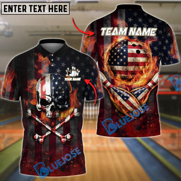 BlueJose Bowling Strike American Flag Fire Skull Graphic  Personalized Name, Team Name 3D Shirt