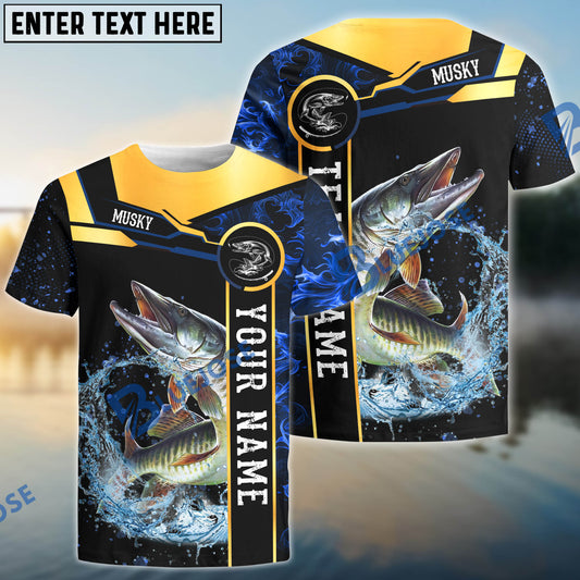 Bluejose Musky Fishing Golden With Blue Flame Pattern Custom Name & Team Name 3D Shirts