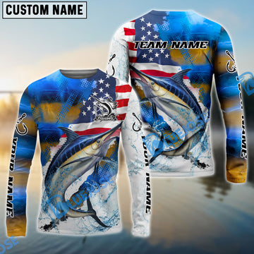 Bluejose Marlin Fishing Skin Patriotic Water Splash Custom Name & Team Name 3D Shirts