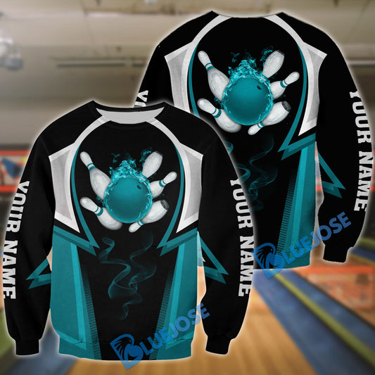 BlueJose Cyan Flame Bowling Ball Premium Customized Name 3D Shirt