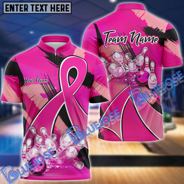 BlueJose Bowling And Pins Pink Ribbons Breast Cancer Personalized Name 3D Shirts