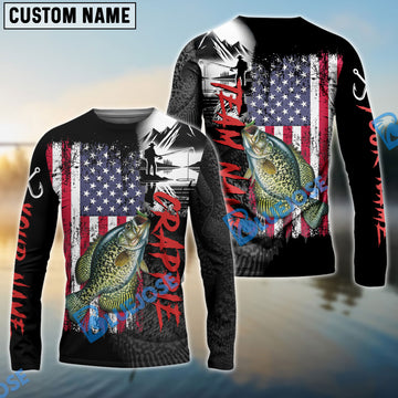 Bluejose Crappie Fishing  Black US Flag Sport Custom Name & Team Name 3D Shirts