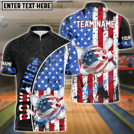 BlueJose Bowling And Pins Patriotic American Flag Customized Name, Team Name 3D Shirt