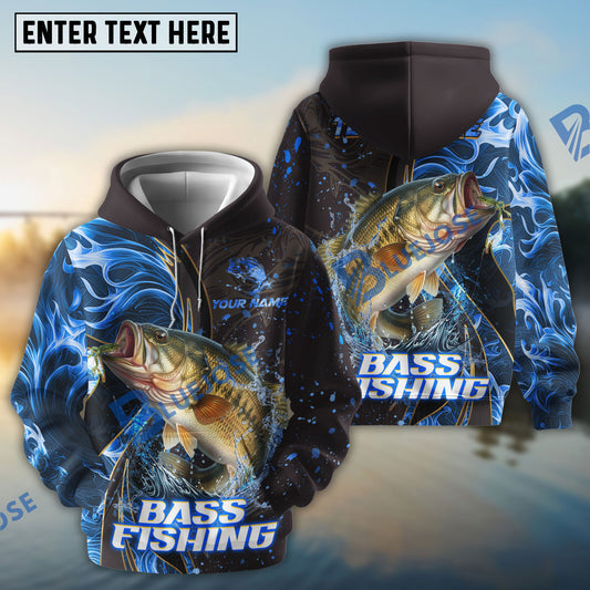 Bluejose Bass Fishing Blue Flame Smoke Line Premium Style Sport Custom Name & Team Name 3D Shirts