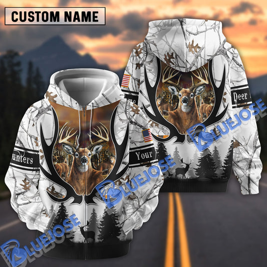 BlueJose Customized Name Deer Hunting Antler Pattern White 3D Shirt