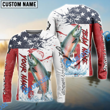 Bluejose Salmon Fishing American Flag Red Blue Seawave Custom Name & Team Name 3D Shirts