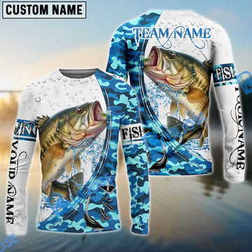 Bluejose Bass Fishing Blue Camouflage Water Splash Custom Name & Team Name 3D Shirts