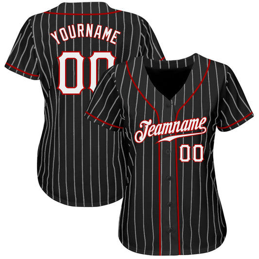 BlueJose Custom Black White Pinstripe White-Red Authentic Baseball Jersey