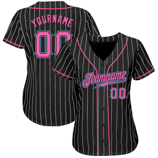 BlueJose Custom Black White Pinstripe Pink-Light Blue Authentic Baseball Jersey