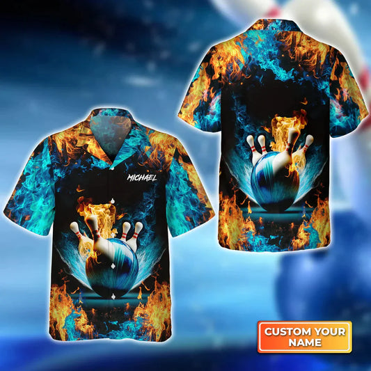 BlueJose Bowling Ball And Pins On Fire Personalized Name Hawaiian Shirts
