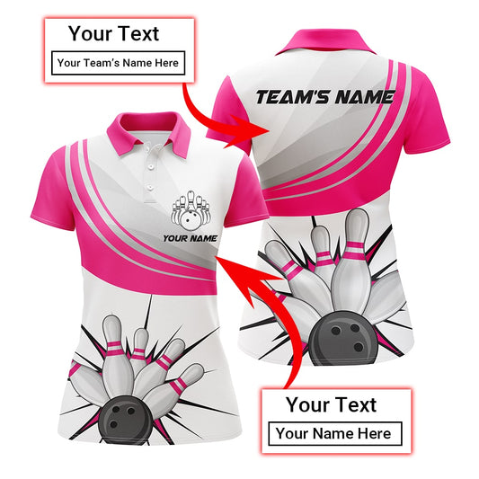 BlueJose Pink Bowling Ball & Pins Classic Customized Name All Over Printed Shirt For Women