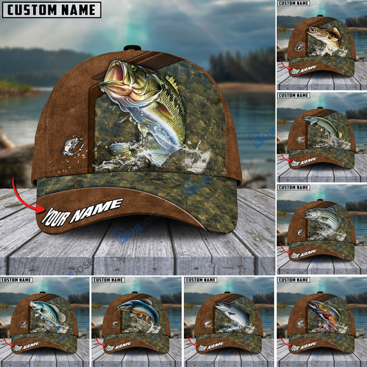 BlueJose Fishing Leather Pattern Personalized Cap (Bass, Striped Bass, Catfish, Trout, Crappie, Salmon, Walleye, Pike)