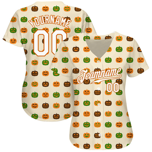 BlueJose Custom Cream White-Texas Orange 3D Pattern Design Halloween Pumpkins Baseball Jersey