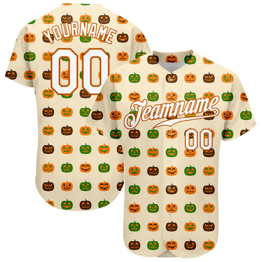 BlueJose Custom Cream White-Texas Orange 3D Pattern Design Halloween Pumpkins Baseball Jersey