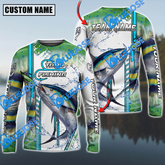 Bluejose Tuna Fishing Blue Line Skin Fish Pattern Personalized Name And Team Name 3D Shirts