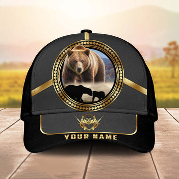 BlueJose Bear Hunting Gold Line Majestic Personalized Name 3D Cap