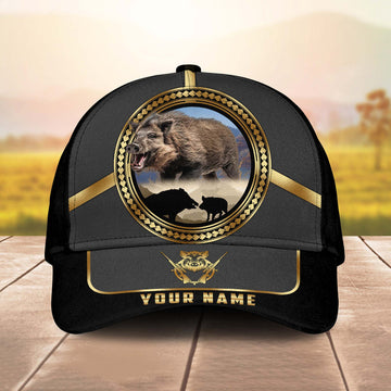 BlueJose Boar Hunting Gold Line Majestic Personalized Name 3D Cap