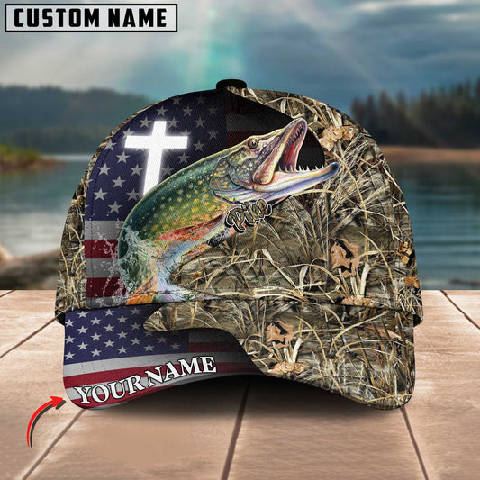 BlueJose Personalized Pike Fishing Grass Camo And US Flag Classic 3D Cap