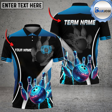 BlueJose Bowling And Pins Galaxy Sport Customized Name 3D Shirt (4 Colors)