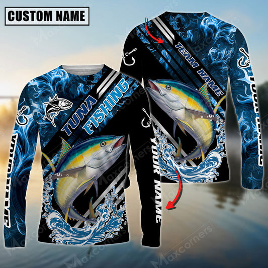 Bluejose Tuna Fishing Blue Smoke Water Pattern Custom Name & Team Name 3D Shirts