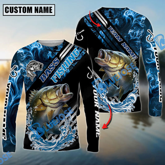 Bluejose Bass Fishing Blue Smoke Water Pattern Custom Name & Team Name 3D Shirts