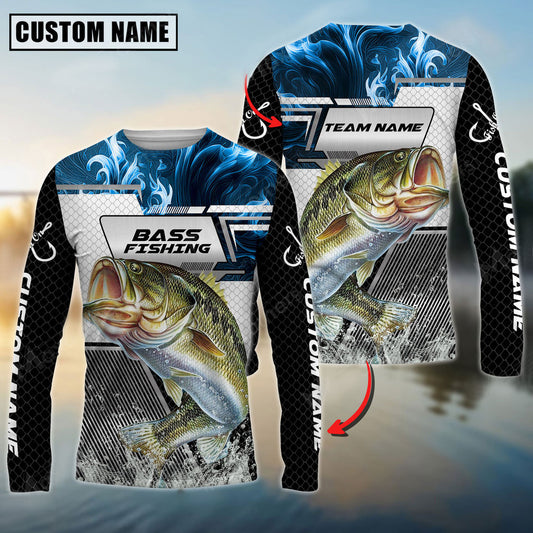 BlueJose Bass Fishing Blue Flame Smoke Grid Pattern  Custom Name & Team Name Shirts