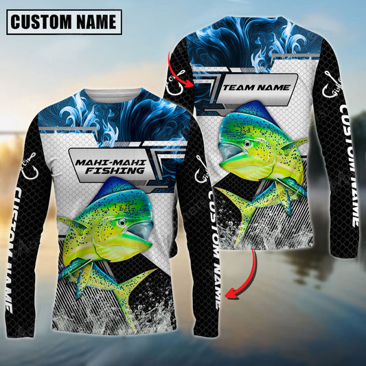 BlueJose Mahi-Mahi Fishing Blue Flame Smoke Grid Pattern  Custom Name & Team Name Shirts