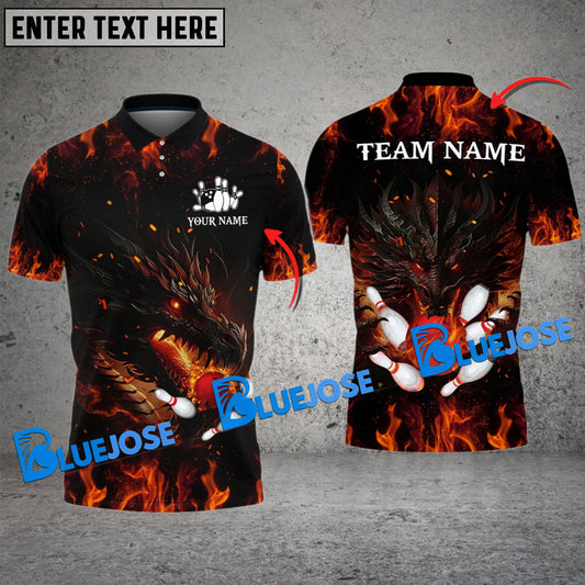 BlueJose Bowling And Pins Flame Dragon Customized Name 3D Shirt (4 Colors)