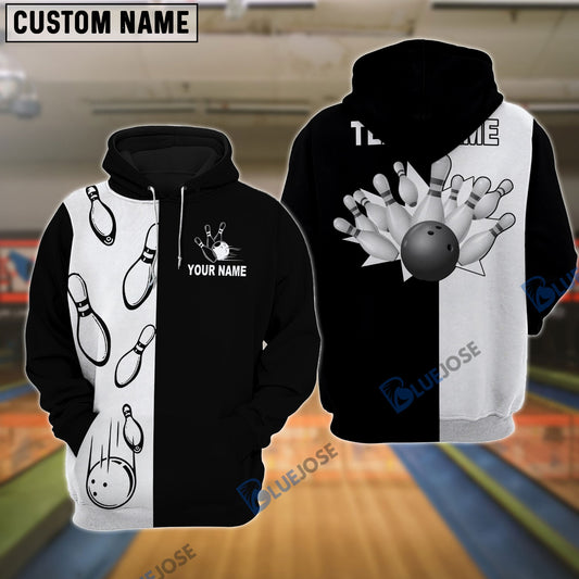 BlueJoses Bowling Black And White Customized Name, Team Name 3D Shirt