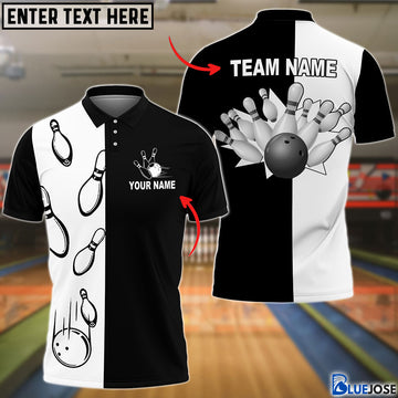 BlueJoses Bowling Black And White Customized Name, Team Name 3D Shirt, Personalized Shirts For Bowling Players