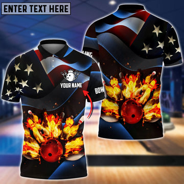 BlueJoses Bowling Ball And Pins Flame USA Flag Pattern Customized Name 3D Shirt, Personalized Shirts For Bowling Players