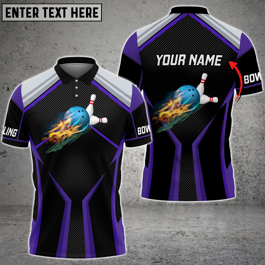 BlueJose Purple Bowling And Pins Fire Premium Customized Name 3D Shirt