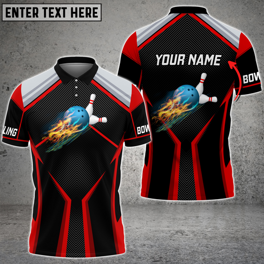 BlueJose Red Bowling And Pins Fire Premium Customized Name 3D Shirt