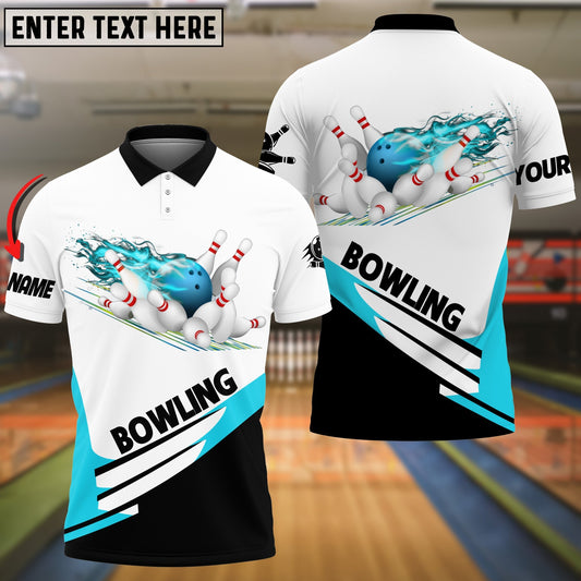 BlueJoses Cyan And White Bowling Ball Flame Customized Name 3D Shirt